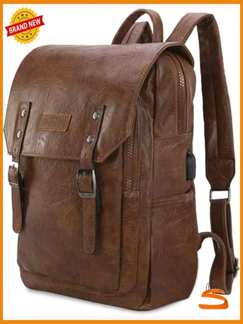Vegan Leather Laptop Backpack with USB Charging Port, 17.3